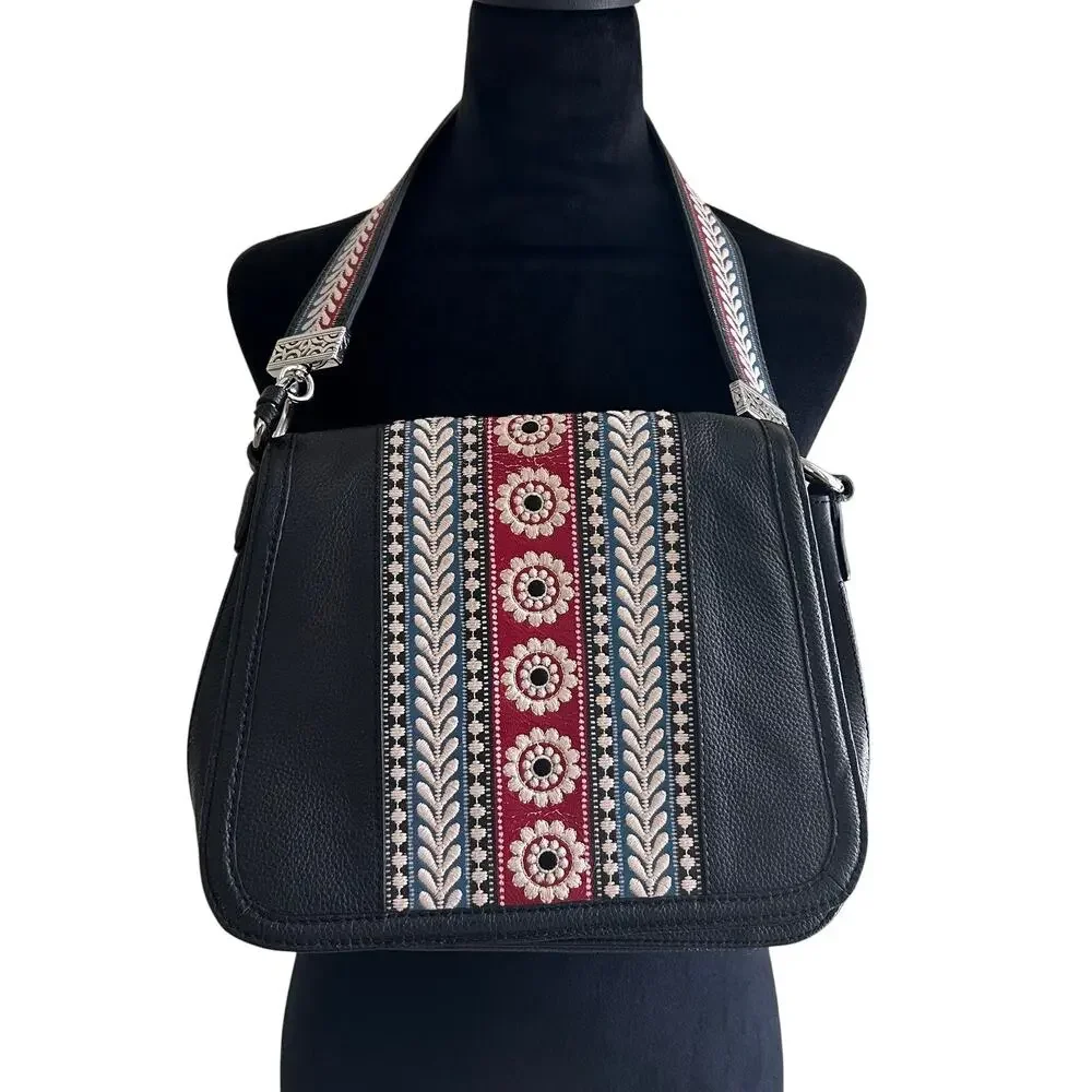 Brighton Bronte Organizer Bag Black Leather Embroidered Western Boho Shoulder